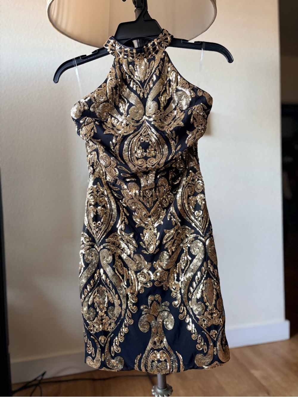 NWT Miss Ord Black Gold Sequin Halter Neck Mini Party Dress Size XS US 2